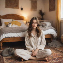 A cartoon image of a 19-year-old girl with brown mid-length hair, light brown eyes, and white skin tone sitting on the floor of a bohemian style bedroom. She is wearing pajamas, cuddling a grey cat with yellow eyes. The room is filled with warm light.