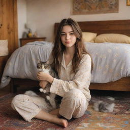 A cartoon image of a 19-year-old girl with brown mid-length hair, light brown eyes, and white skin tone sitting on the floor of a bohemian style bedroom. She is wearing pajamas, cuddling a grey cat with yellow eyes. The room is filled with warm light.