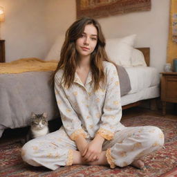 A cartoon image of a 19-year-old girl with brown mid-length hair, light brown eyes, and white skin tone sitting on the floor of a bohemian style bedroom. She is wearing pajamas, cuddling a grey cat with yellow eyes. The room is filled with warm light.