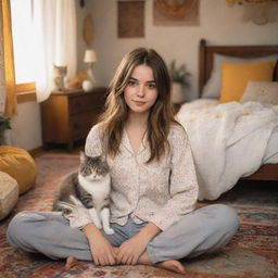 A cartoon image of a 19-year-old girl with brown mid-length hair, light brown eyes, and white skin tone sitting on the floor of a bohemian style bedroom. She is wearing pajamas, cuddling a grey cat with yellow eyes. The room is filled with warm light.