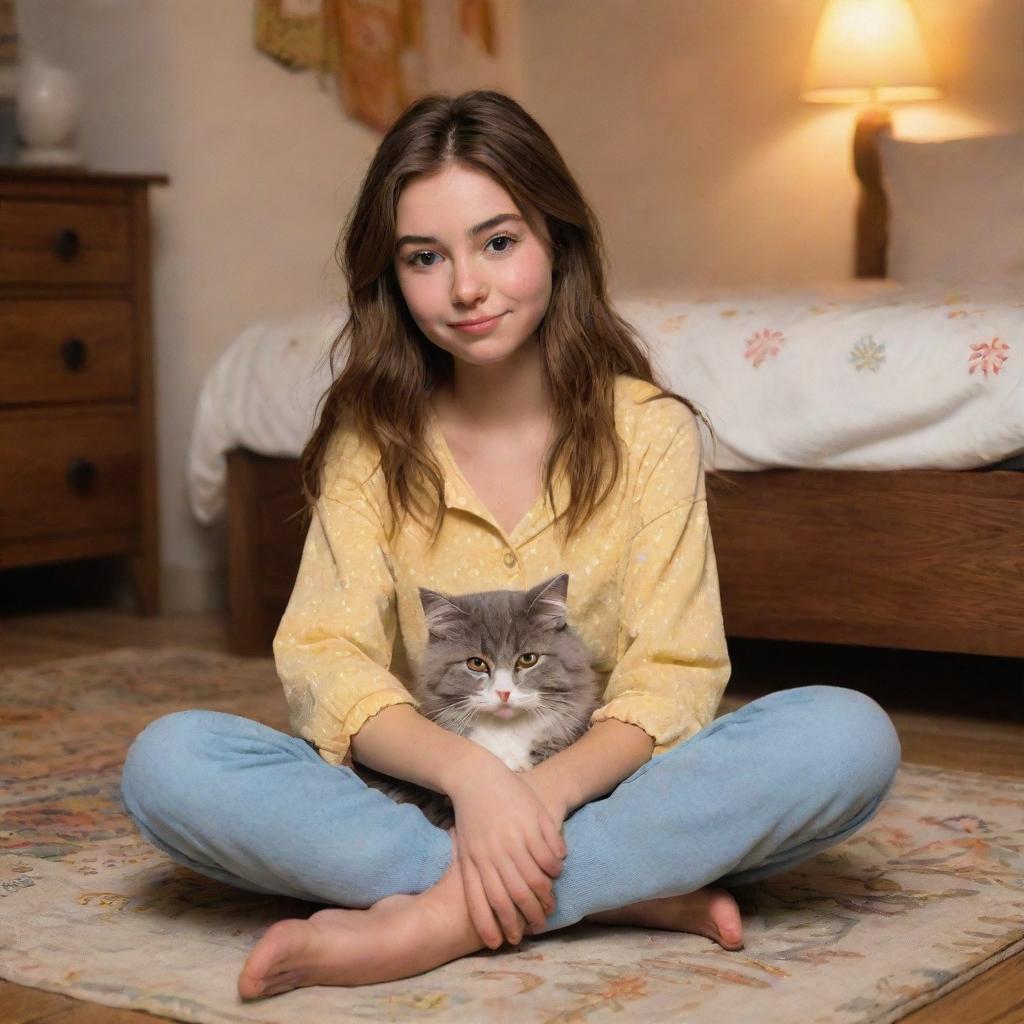 A 19-year-old Disney styled cartoon girl with middle streak brown hair, light brown eyes, and fair skin, dressed in pajamas, sitting on a boho-styled bedroom floor in warm lighting, cuddling her grey cat with yellow eyes.