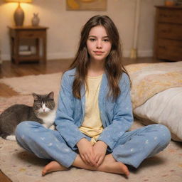 A 19-year-old Disney styled cartoon girl with middle streak brown hair, light brown eyes, and fair skin, dressed in pajamas, sitting on a boho-styled bedroom floor in warm lighting, cuddling her grey cat with yellow eyes.