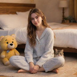 A 19-year-old Disney styled cartoon girl with middle streak brown hair, light brown eyes, and fair skin, dressed in pajamas, sitting on a boho-styled bedroom floor in warm lighting, cuddling her grey cat with yellow eyes.