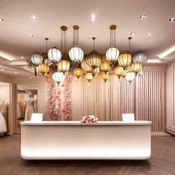 Bridal shop office interior, 3.77m width, 3.5m length, customer reception, waiting area, fabric cartel section, wall with central-lighting lanterns, classic lantern-shaped chandeliers.