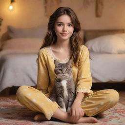 A 19-year-old Disney styled cartoon girl with middle streak brown hair, light brown eyes, and fair skin, dressed in pajamas, sitting on a boho-styled bedroom floor in warm lighting, cuddling her grey cat with yellow eyes.