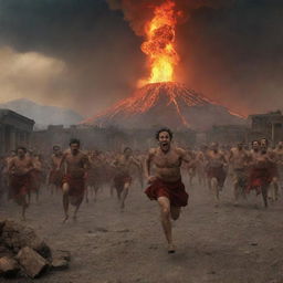 A vivid depiction of the Pompeii eruption, with people in period attire running in terror, some tripping, amid a backdrop of erupting volcano and raining ash.