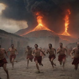 A vivid depiction of the Pompeii eruption, with people in period attire running in terror, some tripping, amid a backdrop of erupting volcano and raining ash.