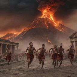 A vivid depiction of the Pompeii eruption, with people in period attire running in terror, some tripping, amid a backdrop of erupting volcano and raining ash.