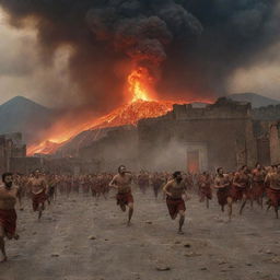 A vivid depiction of the Pompeii eruption, with people in period attire running in terror, some tripping, amid a backdrop of erupting volcano and raining ash.