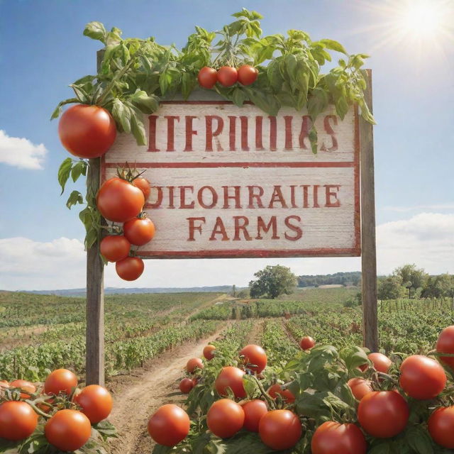 A detailed and realistic image of a thriving tomato farm under bright sunlight, with a prominent, well-crafted signboard that reads 'Liion Farms'.