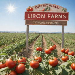 A detailed and realistic image of a thriving tomato farm under bright sunlight, with a prominent, well-crafted signboard that reads 'Liion Farms'.