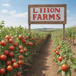 A detailed and realistic image of a thriving tomato farm under bright sunlight, with a prominent, well-crafted signboard that reads 'Liion Farms'.