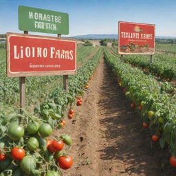 A detailed and realistic image of a thriving tomato farm under bright sunlight, with a prominent, well-crafted signboard that reads 'Liion Farms'.