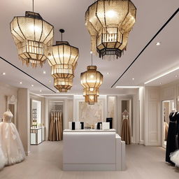 Bridal shop office interior, 3.77m width, 3.5m length, customer reception, waiting area, fabric cartel section, wall with central-lighting lanterns, classic lantern-shaped chandeliers.