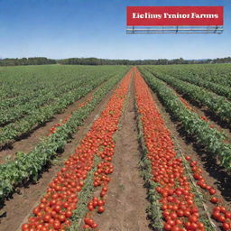 A vivid, lifelike image of a bustling commercial tomato farm, rows of ripe tomatoes under the clear sky and a branded signboard prominently displaying 'Liion Farms'.