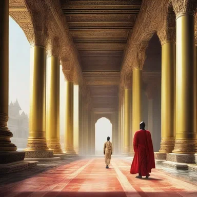 The classic literature piece depicted a grand palace where the protagonist and antagonist engage in a dramatic confrontation.