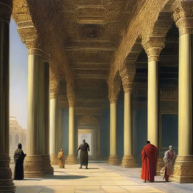 The classic literature piece depicted a grand palace where the protagonist and antagonist engage in a dramatic confrontation.