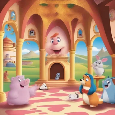 In the cartoon, the main character lives in a magical palace filled with talking animals.