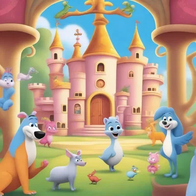 In the cartoon, the main character lives in a magical palace filled with talking animals.