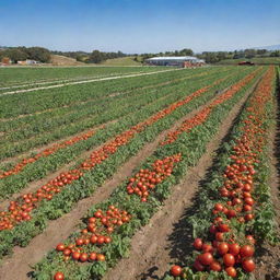 A vivid, lifelike image of a bustling commercial tomato farm, rows of ripe tomatoes under the clear sky and a branded signboard prominently displaying 'Liion Farms'.