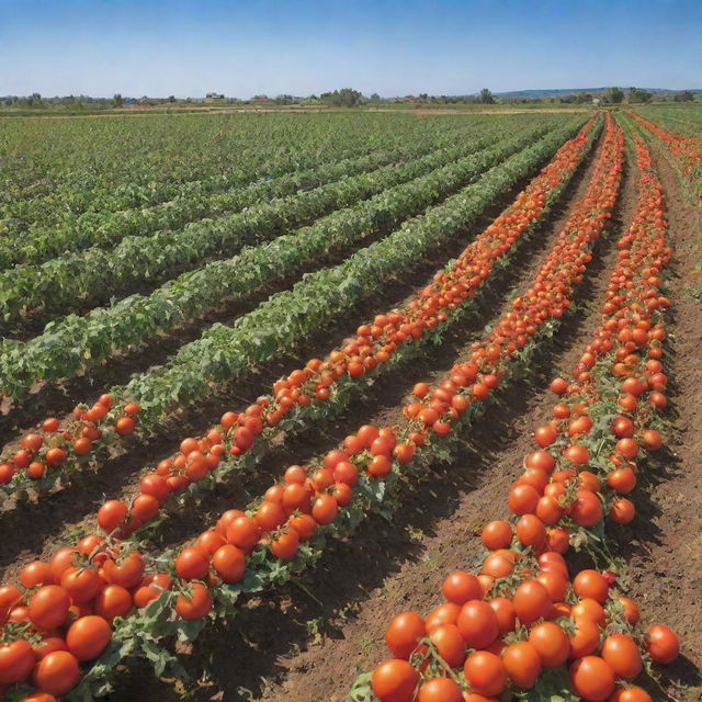 A vivid, lifelike image of a bustling commercial tomato farm, rows of ripe tomatoes under the clear sky and a branded signboard prominently displaying 'Liion Farms'.