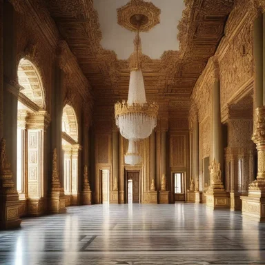 The palace was adorned with opulent chandeliers and intricate golden decorations, showcasing the grandeur of its architecture and interior design.