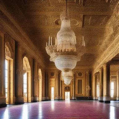 The palace was adorned with opulent chandeliers and intricate golden decorations, showcasing the grandeur of its architecture and interior design.