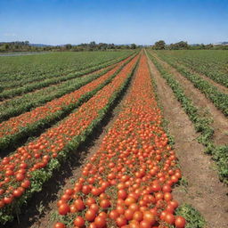A vivid, lifelike image of a bustling commercial tomato farm, rows of ripe tomatoes under the clear sky and a branded signboard prominently displaying 'Liion Farms'.