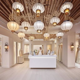 Bridal shop office interior, 3.77m width, 3.5m length, customer reception, waiting area, fabric cartel section, wall with central-lighting lanterns, classic lantern-shaped chandeliers.