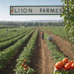 A realistic image of an expansive tomato farm with four diligent workers tending to the plants, under the radiant sun. A well-crafted sign displaying 'Liion Farms' is clearly visible.