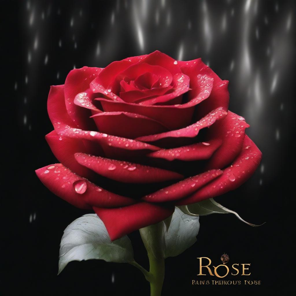 A striking digital art movie poster featuring a vibrant red rose, glistening with droplets of water, set against a stark black background