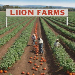 A realistic image of an expansive tomato farm with four diligent workers tending to the plants, under the radiant sun. A well-crafted sign displaying 'Liion Farms' is clearly visible.