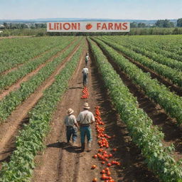 A realistic image of an expansive tomato farm with four diligent workers tending to the plants, under the radiant sun. A well-crafted sign displaying 'Liion Farms' is clearly visible.