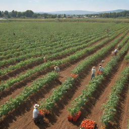 A realistic image of an expansive tomato farm with four diligent workers tending to the plants, under the radiant sun. A well-crafted sign displaying 'Liion Farms' is clearly visible.