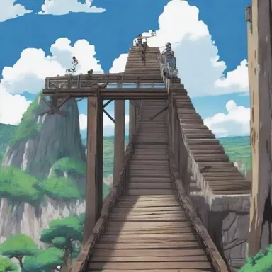 In the anime, the characters cross a trestle while escaping from the enemy's fortress.