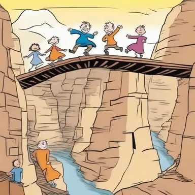 The cartoon depicted a comical scenario in which the characters balanced on a wobbly trestle over a deep canyon.
