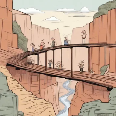 The cartoon depicted a comical scenario in which the characters balanced on a wobbly trestle over a deep canyon.