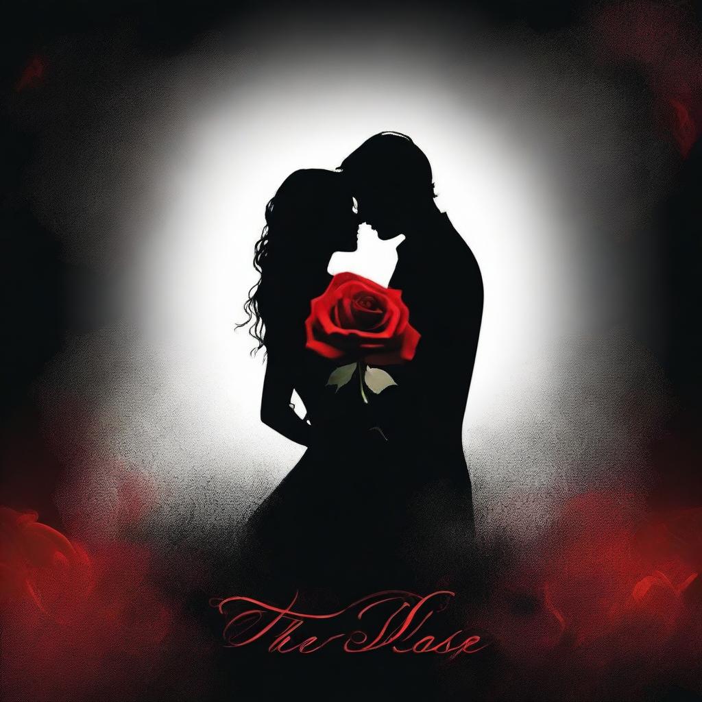 An enchanting digital art movie poster that showcases a radiant red rose, adorned with shimmering water droplets, against a deep black backdrop