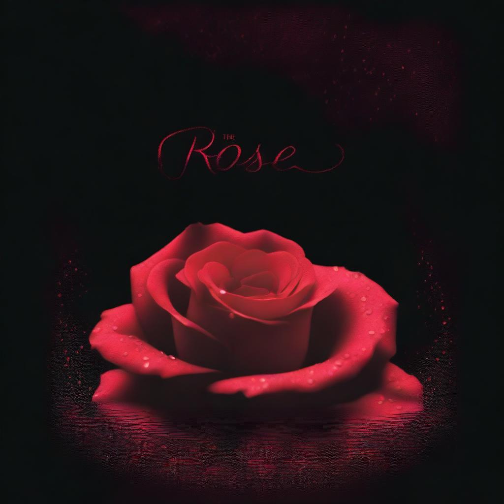 An enchanting digital art movie poster that showcases a radiant red rose, adorned with shimmering water droplets, against a deep black backdrop