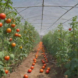 A realistic image of a tomato farm ensconced within a shade net house, with the title 'Liion Farms' elegantly integrated into the image.