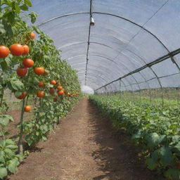 A realistic image of a tomato farm ensconced within a shade net house, with the title 'Liion Farms' elegantly integrated into the image.