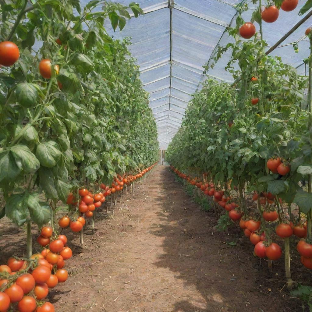 A realistic image of a tomato farm ensconced within a shade net house, with the title 'Liion Farms' elegantly integrated into the image.