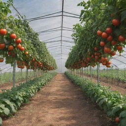 A realistic image of a tomato farm ensconced within a shade net house, with the title 'Liion Farms' elegantly integrated into the image.