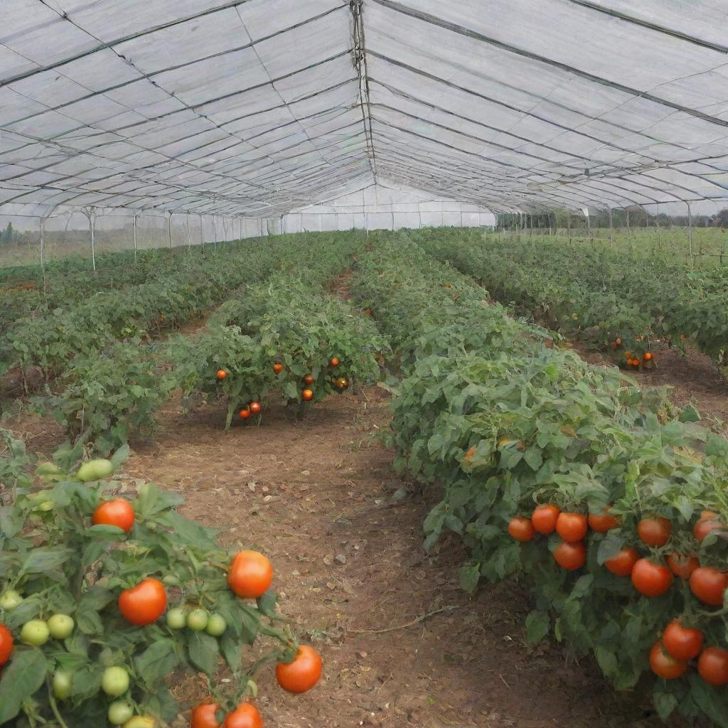 Add a tag to the previous image of a realistic tomato farm in a shade net house titled 'Liion Farms'