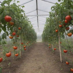 Add a tag to the previous image of a realistic tomato farm in a shade net house titled 'Liion Farms'