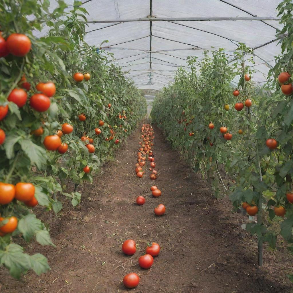 Add a tag to the previous image of a realistic tomato farm in a shade net house titled 'Liion Farms'