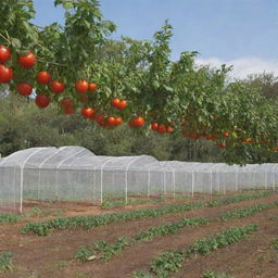 Add a tag to the previous image of a realistic tomato farm in a shade net house titled 'Liion Farms'