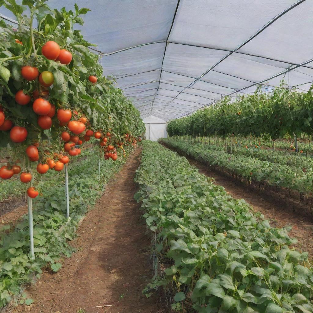 Incorporate a visible, well-designed tag into the previously generated image of the shade net house with tomato farming titled 'Liion Farms'.