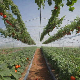 Incorporate a visible, well-designed tag into the previously generated image of the shade net house with tomato farming titled 'Liion Farms'.