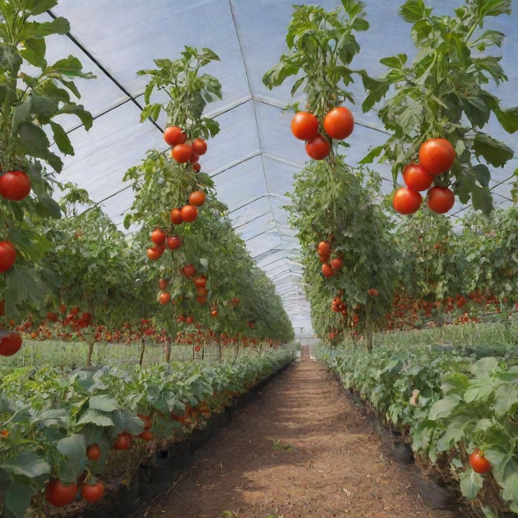 Incorporate a visible, well-designed tag into the previously generated image of the shade net house with tomato farming titled 'Liion Farms'.